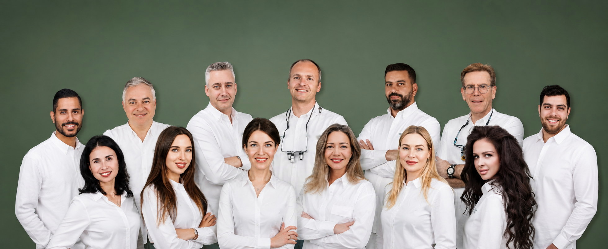 הצוות המלא של Fly & Smile TLV — רופאים, שינניות, סייעות ורכזות מטופלים בחולצות לבנות על רקע ירוק